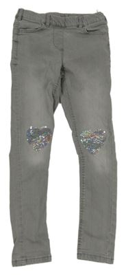 Šedé riflové džegíny se srdíčky z překlápěcích flitrů C&A