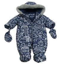 Tmavomodrá prešívaná šušťáková zimná kombinéza s autami a hasiči a kapucňou s kožešinou + rukavice George