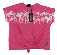 Nové - tmavorůžové crop tričko s palmami a uzlem SALTROCK