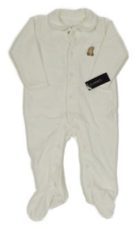 Nové - biely rebrovaný zamatový overal s vreckom s medvedíkom a golierikom St. Bernard