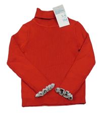 Nové - červeno-šedo/stříbrný rebrovaný úpletový rolák s volánikmi PRIMARK