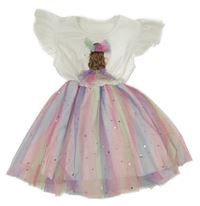 Bielo-farebné žebrovano/tylové šaty s dívkou a hviezdičkami a mesiacmi