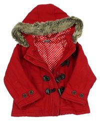 Červený vlnený zateplený kabát s kapucňou s kožúškom George