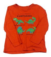 Červené tričko s dinosaurami a nápismi