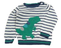 Bielo-tmavomodrý pruhovaný sveter s dinosaurom Nutmeg