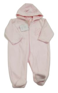 Nové - Ružový fleecová kombinéza s medvěďom a kapucňou
