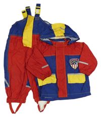 2set - Červeno-modro-žlutá šusťáková nepromokavá bunda s potiskem a kapucí + laclové kalhoty Impidimpi