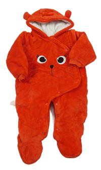 Červená chlupatá zateplená kombinéza s čumákem a kapucí