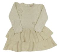 Bielo-zlaté trblietavé svetrové šaty s mašľami a vrstvenou sukní