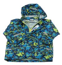 Tmavomodrá šušťáková nepromokavá bunda s dinosaurami a kapucňou Papagino
