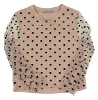 Starorůžové puntíkaté triko s tylovými rukávy