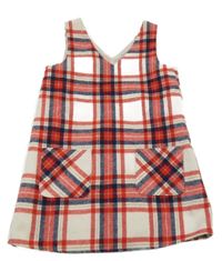 Světlebéžovo-červeno-tmavomodré kockované vlnené šaty F&F