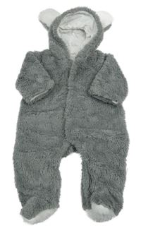 Sivá chlpatá podšitá kombinéza s kapucňou s uškami