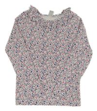 Bielo-ružovo-modré kvetované rebrované tričko s golierikom Topolino