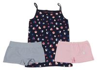 3set - Tmavomodrá košila se puntíky a srdíčky + růžové kalhotly se srdcem s kamínky + modré melírované