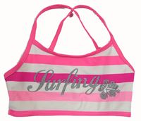 Neónově ružovo-biela pruhovaná plavková lambáda s nápisom