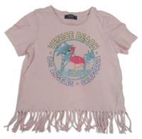 Růžové tričko s plameňákem s flitry a třásněmi Primark