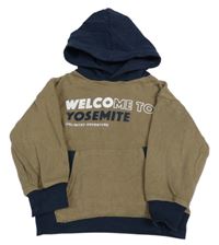 Béžovo-tmavomodrá mikina s nápisom a kapucňou