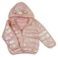 Světlerůžová perleťová šusťáková zateplená prošívaná bunda s kapucí 