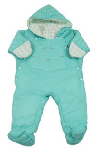 Tyrkysová šušťáková zimná kombinéza s tučňáky a kapucňou