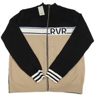 Nové - Černo-bílo-béžový propínací svetr s nápisem a pruhy River Island