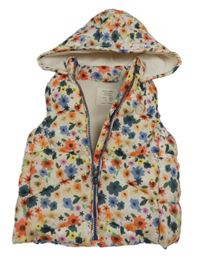 Béžovo-farebná kvetovaná šušťáková zateplená vesta s kapucňou Zara
