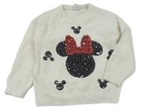 Bílý chlupatý svetr s Minnie z flitrů Disney