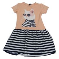 Ružovo-tmavomodro-biele šaty s mačičkou a pruhovanou sukní