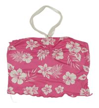 Ružovo-biely kvetovaný crop top s vázáním za krkem Shein