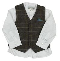2 set - Bílá košile + hnědá kostkovaná vlněná vesta Monsoon