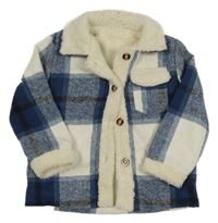 Tmavomodro-biela kockovaná flaušová zateplená košeľová bunda Shein