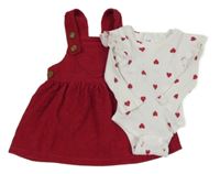 2 set - bílé žebrované body se srdíčky + vínová žebrovaná sukně s laclem