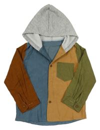 Modro-okrovo-šedo-hnědá žebrovaná sametová košile s kapucí shein