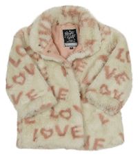 Bielo-ružová kožušinová podšitá bunda s nápismi C&A