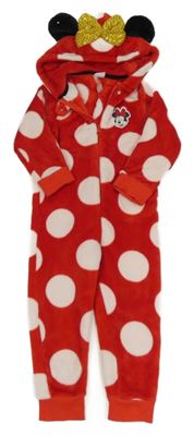 Červeno-biela bodkovaná á plyšová kombinéza s kapucí - Minnie Disney