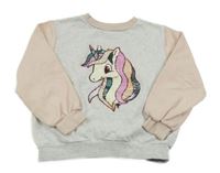 Sivo-broskvová oversize mikina s jednorožcem z flitrů
