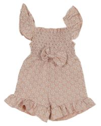 Světlerůžový kraťasový zabičkový overal s mašlí 