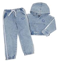 2set - Světlemodrá riflová crop bunda s kapucí + teplákové rifle Shein