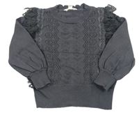 Tmavosivý perforovaný sveter s čipkovymi volániky RIVER ISLAND
