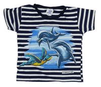 Tmavomodro-biele pruhované tričko s delfínky a želvičkou