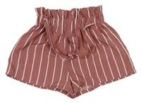 Starorůžovo-biele pruhované paper bag kraťasy so zavazováním SHEIN