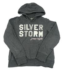 Tmavosivá melírovaná mikina s nápismi a vreckom a kapucňou zn. H&M