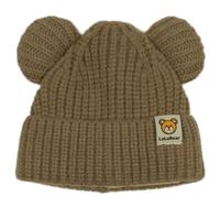 Hnědobéžová žebrovaná pletená čepice s medvídkem a oušky 