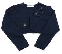 Tmavomodré propínací svetrové bolérko s kvetmi a kamienkami American Princess