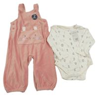 Nové - 2Set - Ružové rebrované zamatové na traké nohavice so zajíčkem/kapsou + biele body Peacocks