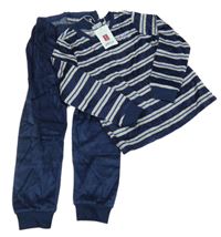 Nové - Tmavomodro-šedo-safírové pruhované sametové pyžamo s písmenky alive