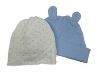 2x - Čepice - Bílá puntíkatá H&M, světlemodrá žebrovaná s oušky Smile