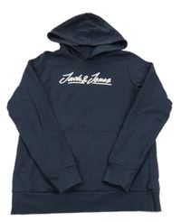 Tmavomodrá mikina s logom a vreckom a kapucňou JACK&JONES