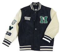 Tmavomodro-smetanový šusťákový jarní zateplený bomber s Mickey a pruhy PRIMARK