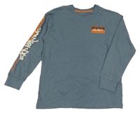 Šedomodré triko s nápisy a snowboardistou PRIMARK